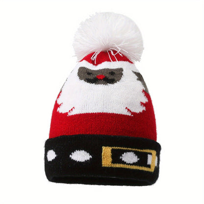 Unisex Adult & Youth Stretch Knit Beanie Hat Set with Deer & Reindeer Ears - Warm Winter Pom-Pom Christmas Cap, Red/White/Black, Hand Washable, Festive New Year's & Xmas Party Outfits, Casual Winter Wear, Deer Face Design wit