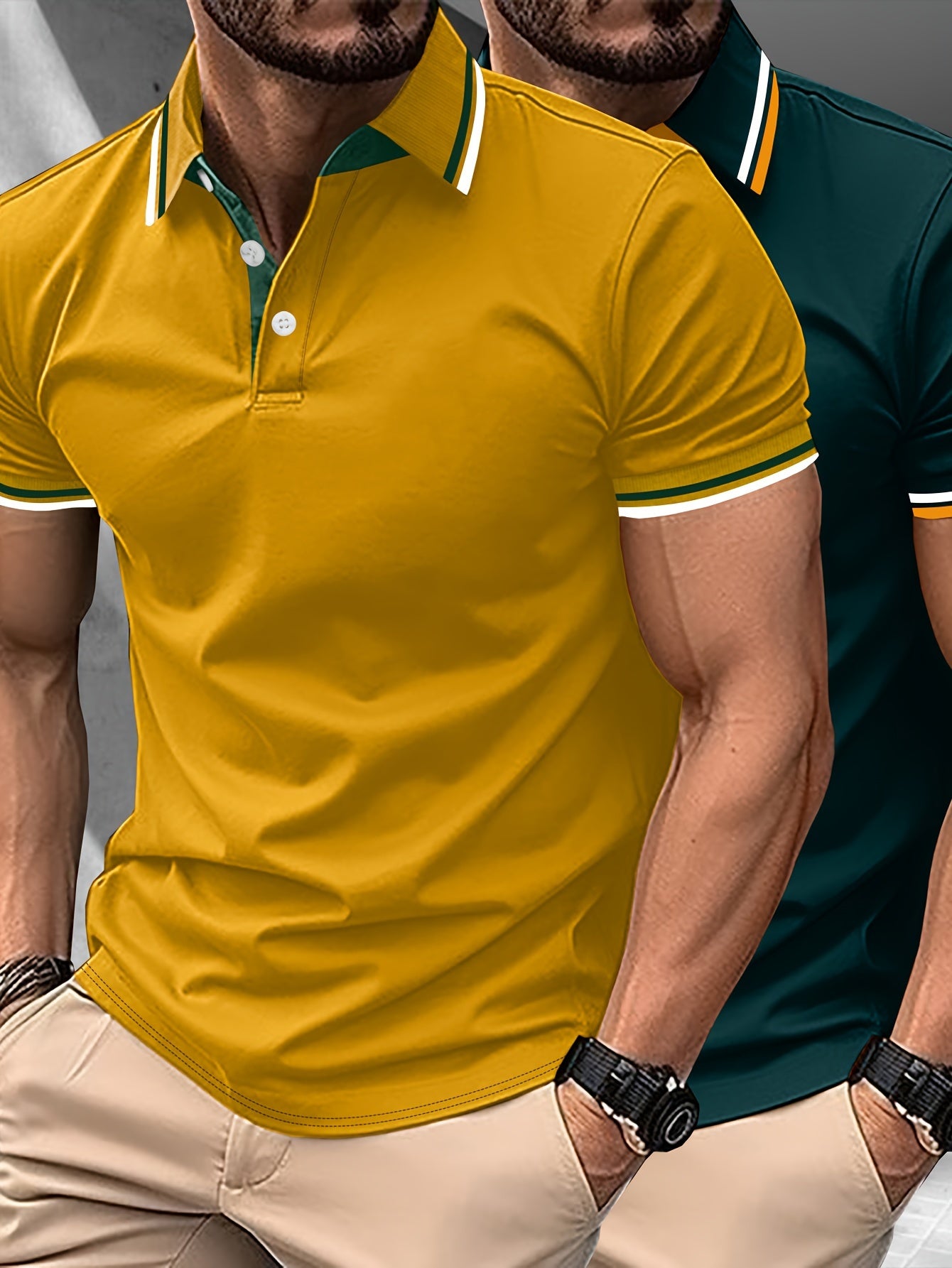 2 հատ տղամարդու կարճաթև վերնաշապիկներ կոնտրաստ օձիքներով - թեթև պոլիեսթեր, պաստել կապույտ և վարդագույն, շրջադարձային օձիքով, կոճակներով փակվող, սովորական, ամենօրյա և գործնական հագուստ, իդեալական ամառային կամ նվերների համար, կարճ թև վերնաշապիկներ