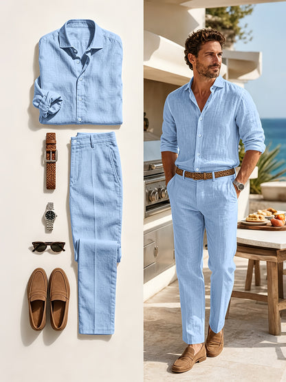 Men's White Linen Casual 2-Piece Set for Summer & Beach