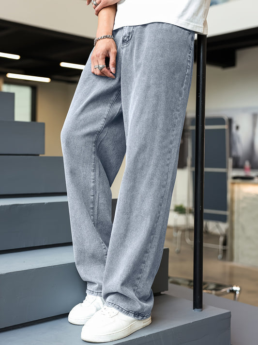 Men'S Vintage Washed Denim Jeans, Casual Straight Leg Pants, All-Season Regular Fit, 31% Cotton, 46% Polyester, 22% Viscose, 290g/m² Fabric Weight, Solid Color, Woven Denim - Regular Length