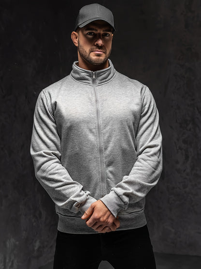 Men's Full-Zip Stand Collar Athletic Jacket - Soft Brushed Interior, Long Sleeve Casual Zippered Sweatshirt, Regular Fit Gym-to-Streetwear, Easy-Care (Hand Wash/Dry Clean) Solid Color Men's Outerwear