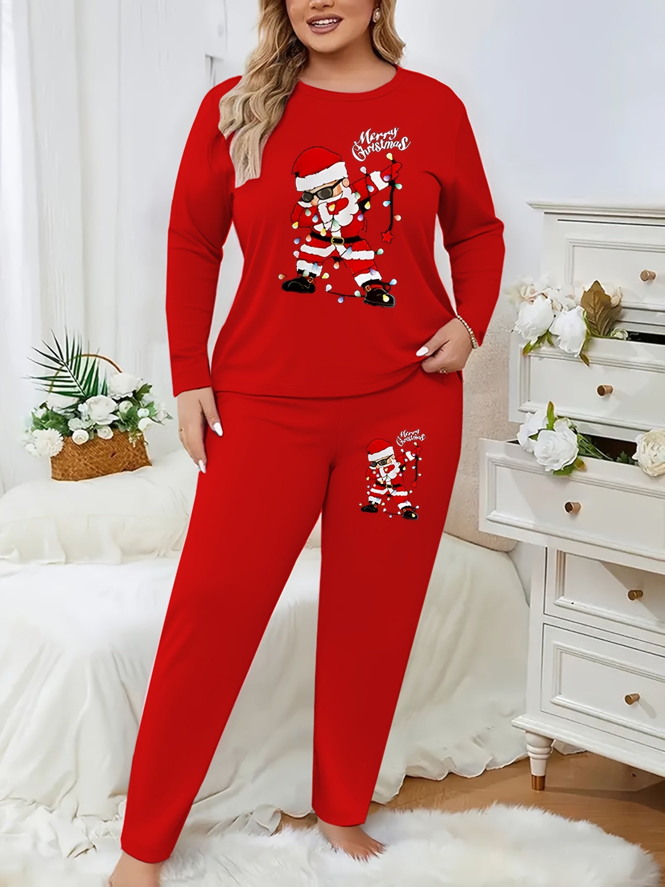 Plus Size - Plus Size - Plus Size - Women'S Plus Size Christmas & Halloween Two-Piece Set - Cozy Long Sleeve T-Shirt with Santa Claus & Snowflake Print, Pockets, and Matching Pants, Casual Holiday Outfit for Fall and Winter,
