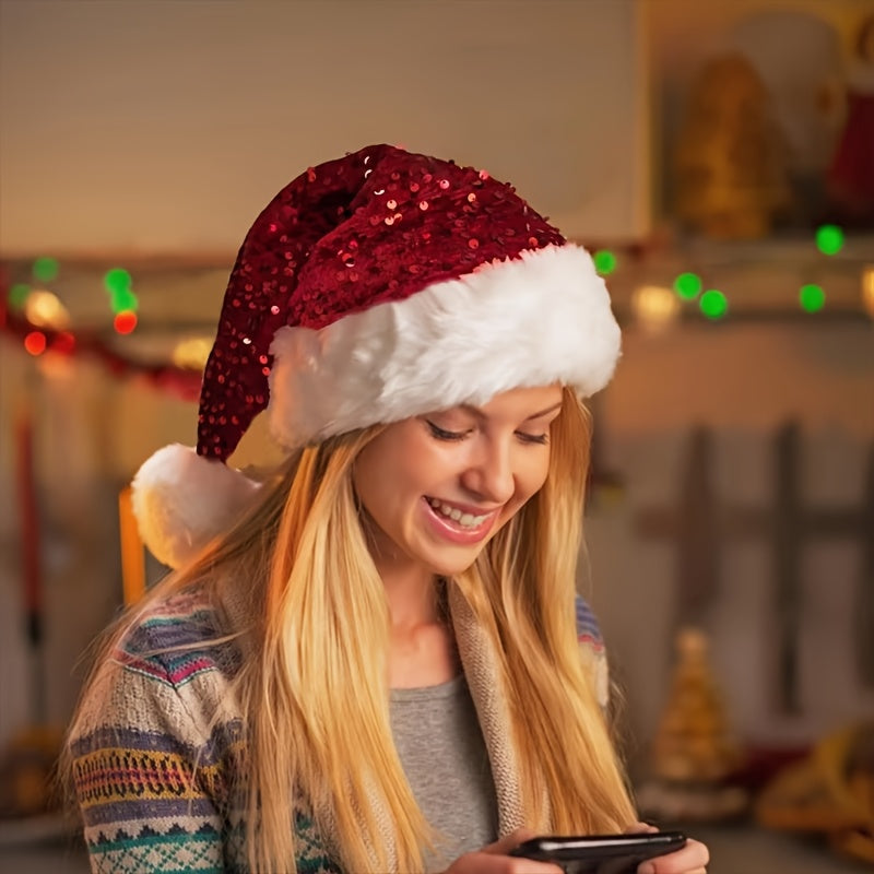 1pc Shiny Christmas Hat, Red Santa Claus Party Hat for Christmas New Year, Snowman Hat for Halloween Party, Santa Hat for Adults and Boys Girls, Double Layer Plush Trim Shiny Christmas Hat, for Holiday Parties and New Year Ce