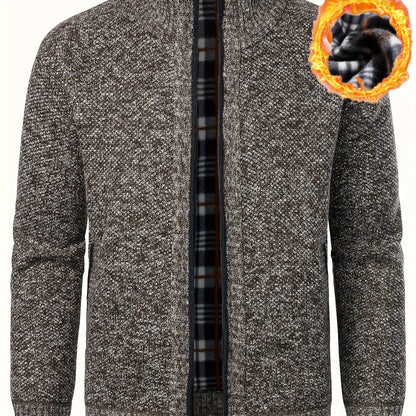 1pc Men'S Casual Style Knit Cardigan - 100% Polyester, Solid Color, Long Sleeve, Regular Fit, Stand Collar, Zip-Up, Umbrella Hem, Non-Stretch Fabric - Fashionable All-Match Pullover for Autumn/Winter