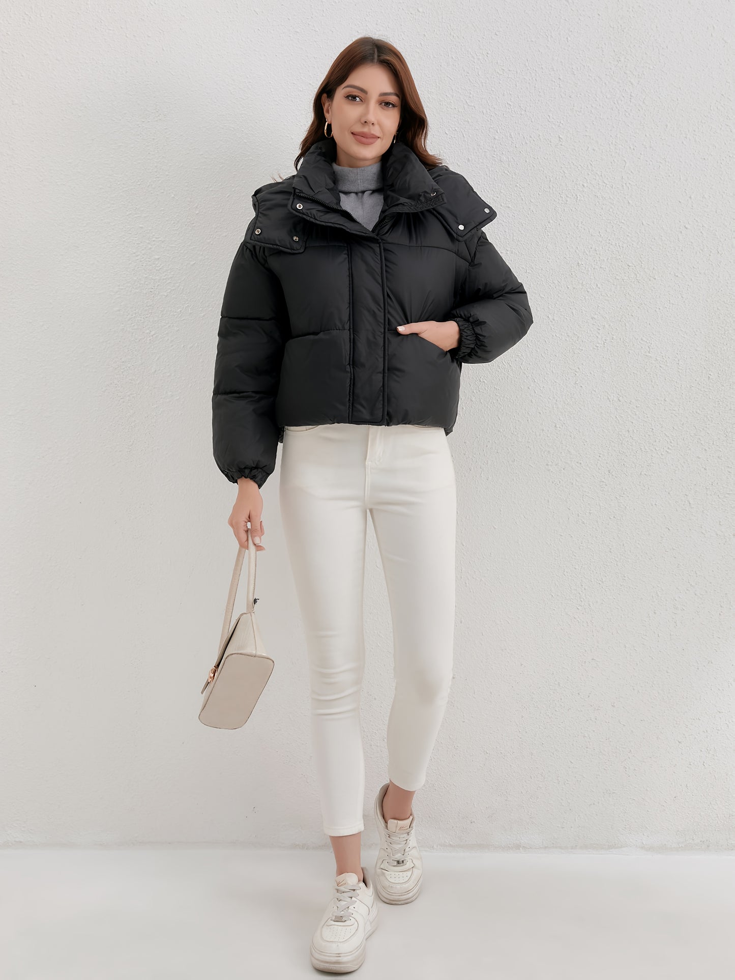 Women'S Lightweight Hooded Jacket - Warm Winter Coat with Full-Zip Closure, Stand Collar, Outer Shell - Easy-Care Cold Weather Outerwear for Everyday & Formal, Winter Jacket, Casual Winter Wear, Highneck Design, Durable Winte