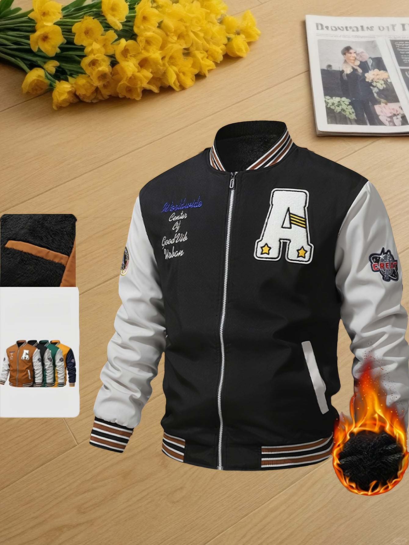 Men's Thermal Insulated Full-Zip Baseball Jacket with Full-Zip Closure - Heavyweight Winter Coat, Brown/White colorblock, Lining - Streetwear Outerwear for Casual & Formal Events - Compatible with Hoodies & Jackets (Men's Fas