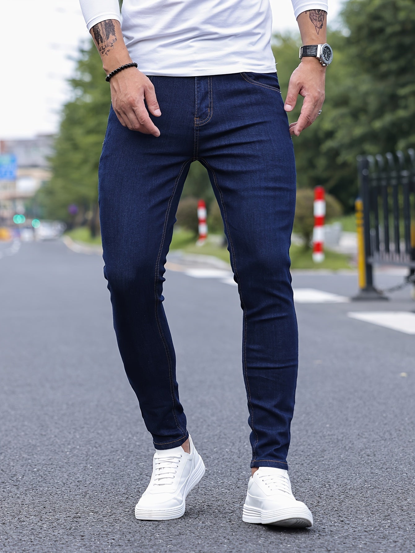 Slim Fit Chic Jeans, Men's Casual Street Style All Match Stretch Denim Pants With Pockets