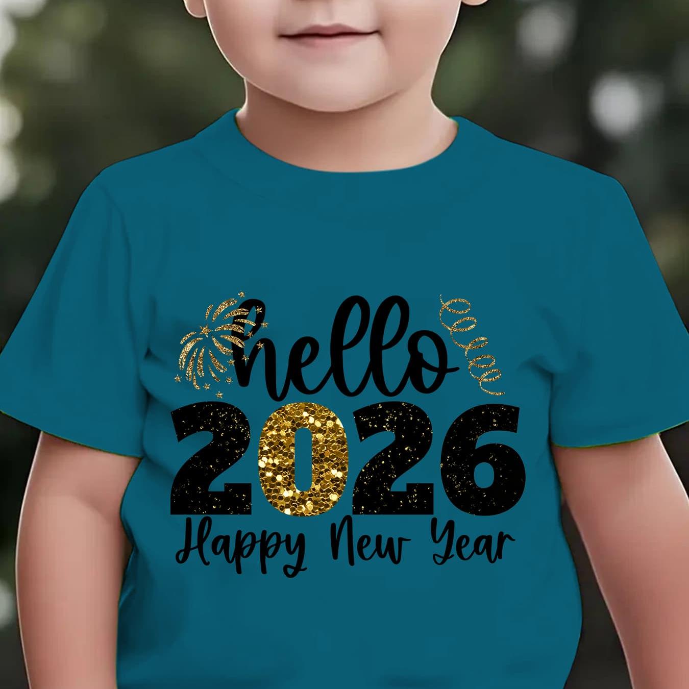 Boys' 2026 New Year'S Eve Party T-Shirt - Hello 2026 Happy New Year Fireworks Print with Golden & Lettering - Lightweight Summer Tee for Birthday Party Outfit, New Year'S Eve Celebration - Easy-care Kids Shirt, New Year T Shi