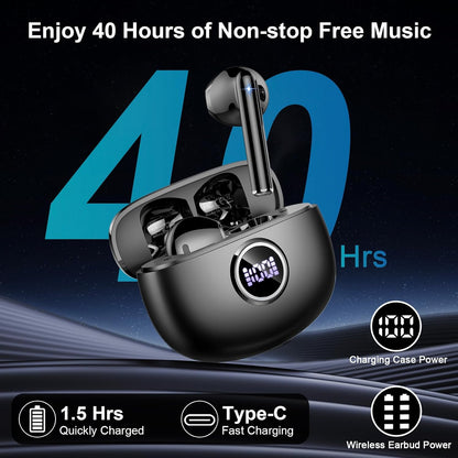 Wireless Earbuds, Bluetooth Headphones 5.3 Stereo Bass Ear Buds with ENC Noise Cancelling Mics, 40H Playtime Bluetooth Earbuds with LED Display, IP7 Waterproof in Ear Earphones for Android Ios, Black