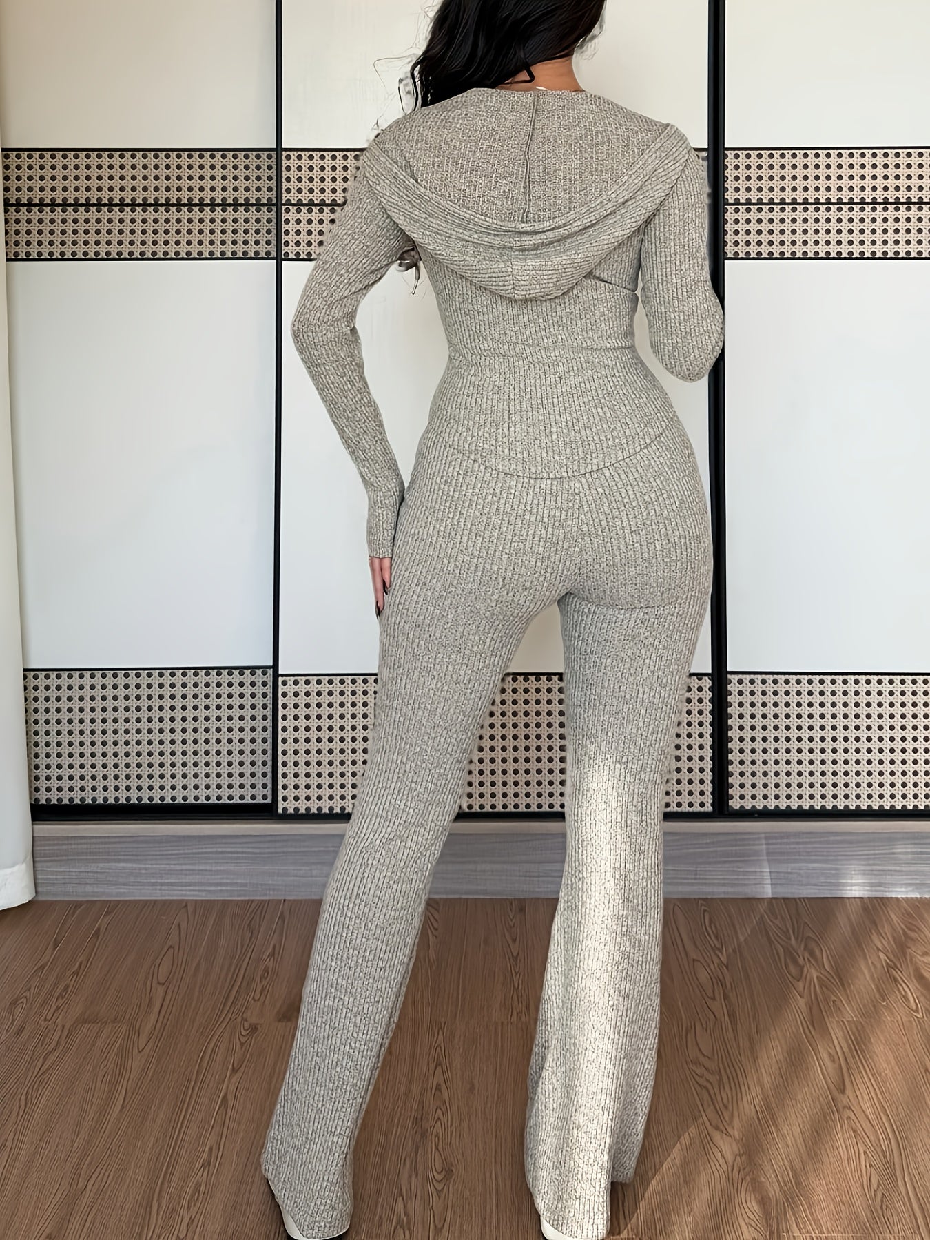 Women's Casual Two-Piece Set with Pockets Hooded Zip-Up Waist Jacket and Ribbed Flared Pants - ayq