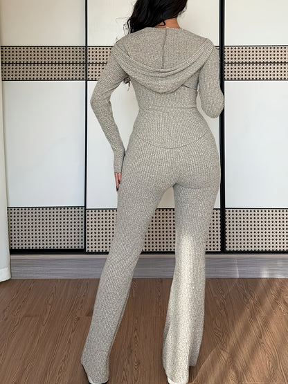 Women's Casual Two-Piece Set with Pockets Hooded Zip-Up Waist Jacket and Ribbed Flared Pants - ayq