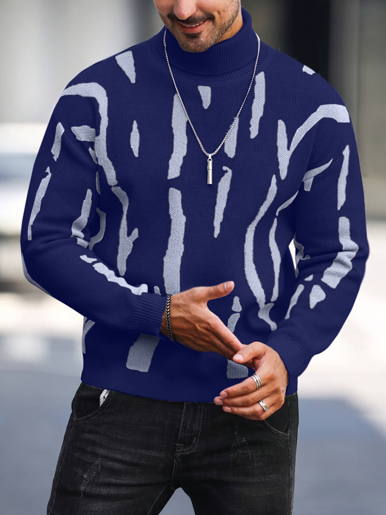 Տղամարդու զեբրա նախշով բարձր վզնոցով նորաձև սվիտեր աշուն-ձմեռ՝ առօրյա տրիկոտաժե պուլովեր