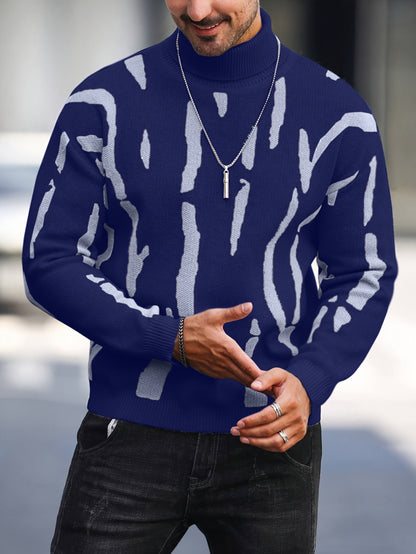 Տղամարդու զեբրա նախշով բարձր վզնոցով նորաձև սվիտեր աշուն-ձմեռ՝ առօրյա տրիկոտաժե պուլովեր