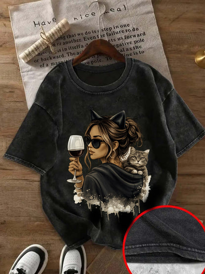 Vintage Cat Graphic Cotton Blend T-Shirt for Women