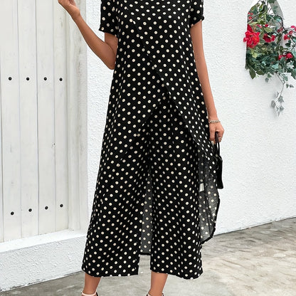 Chic Black & White Polka Dot Cross-Front Short Sleeve Maxi Robe and Pants Set - Elegant Summer Outfit for Women, Crew Neck, Non-Stretch Fabric with Asymmetrical Detail, Plus Size Friendly, Casual Elegance Wear | Polka Dot Pat