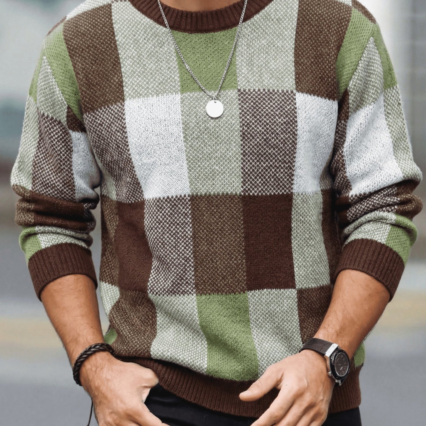 Men'S Casual Plaid Crew Neck Knit Sweater | Loose Fit, Long Sleeve, Fashionable Color Block Design, Suitable for Fall/Winter