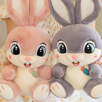 Adorable Pink Plush Bunny with Big Eyes in a Cute Sitting Pose, Featuring Gray Long Ears. A Charming Stuffed Toy Rabbit with a Carrot And Buck Teeth, Perfect for Easter Gifts And Home Decor Props, As Well As Surprise Gifts fo