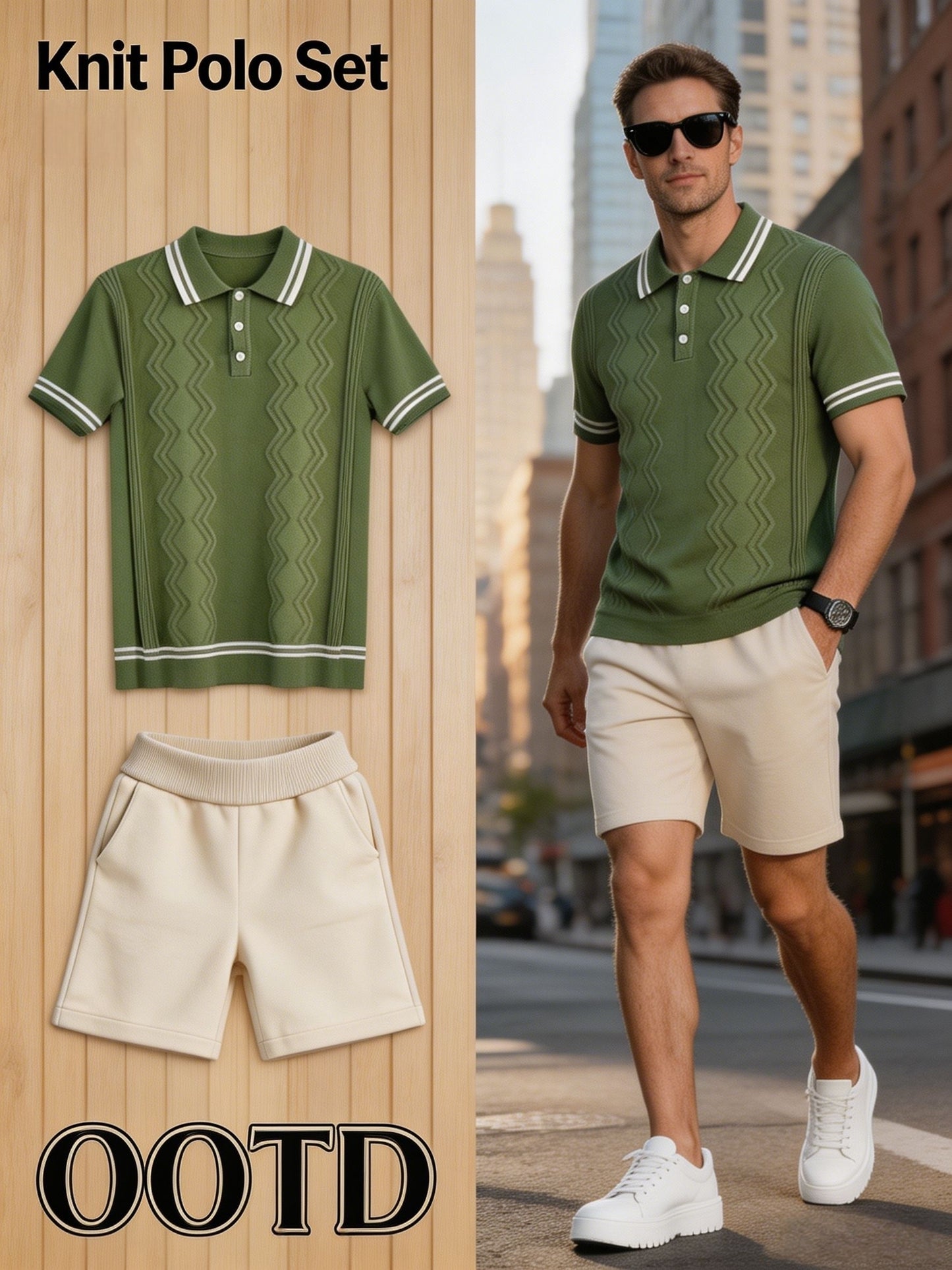 Men's Vintage Knit Polo & Shorts Set with Contrast Trim
