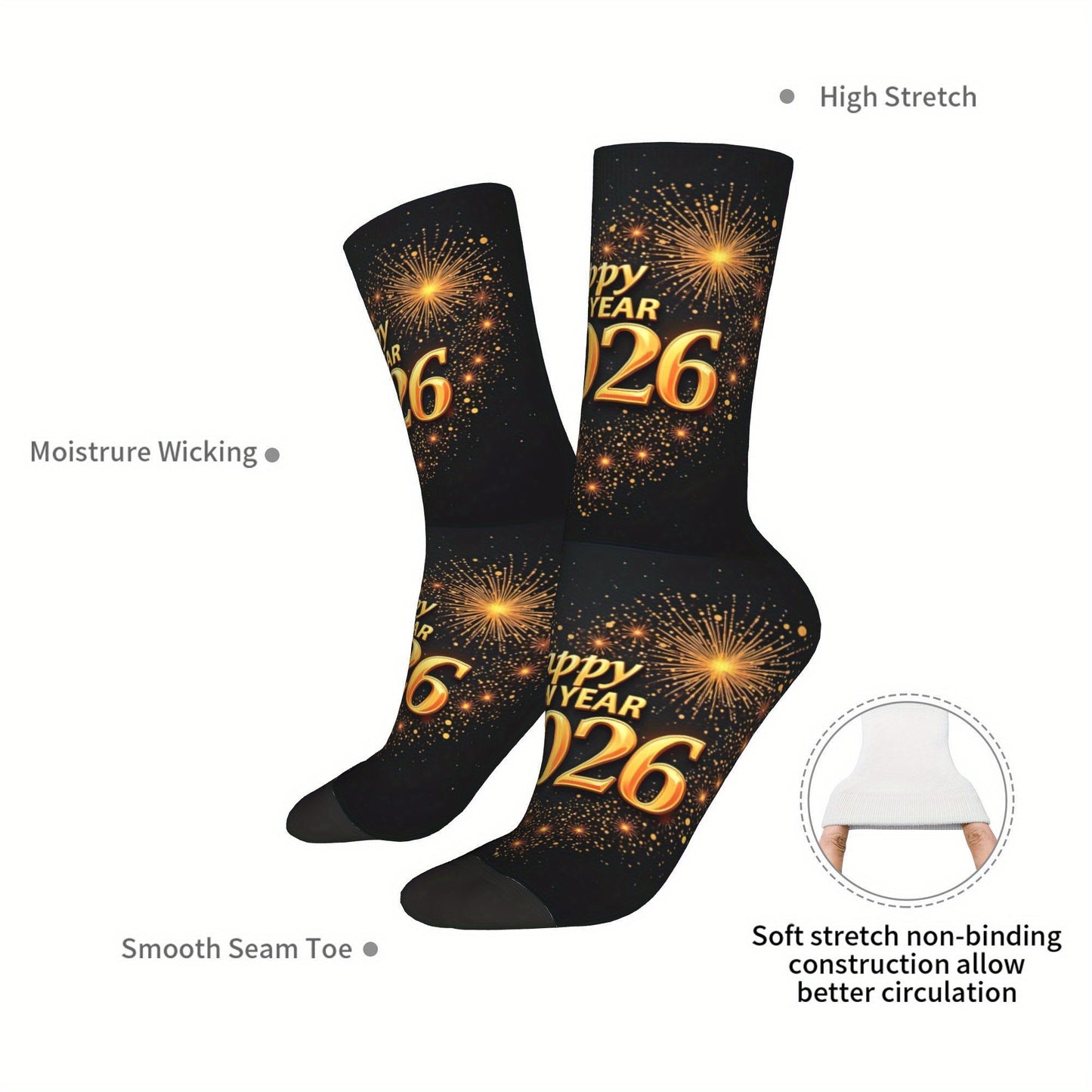 1pc Harajuku Happy New Year 2026 Crew Socks - Black with Golden Glitter "Happy New Year 51.46meter Print, Versatile Sports & Fitness Socks for Men, Women, and Gifts, Hand Wash or Dry Clean, Festive Socks | Festive Crew Socks