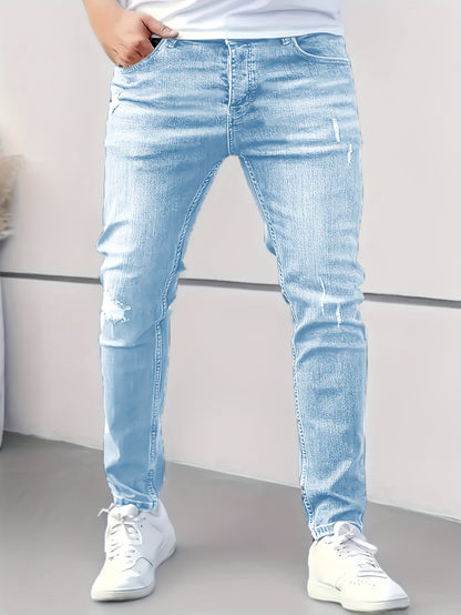 Men's Slim Fit Stretch Jeans - High Waist, Solid Color Casual Denim Pants with Ripped Detail, Machine Washable