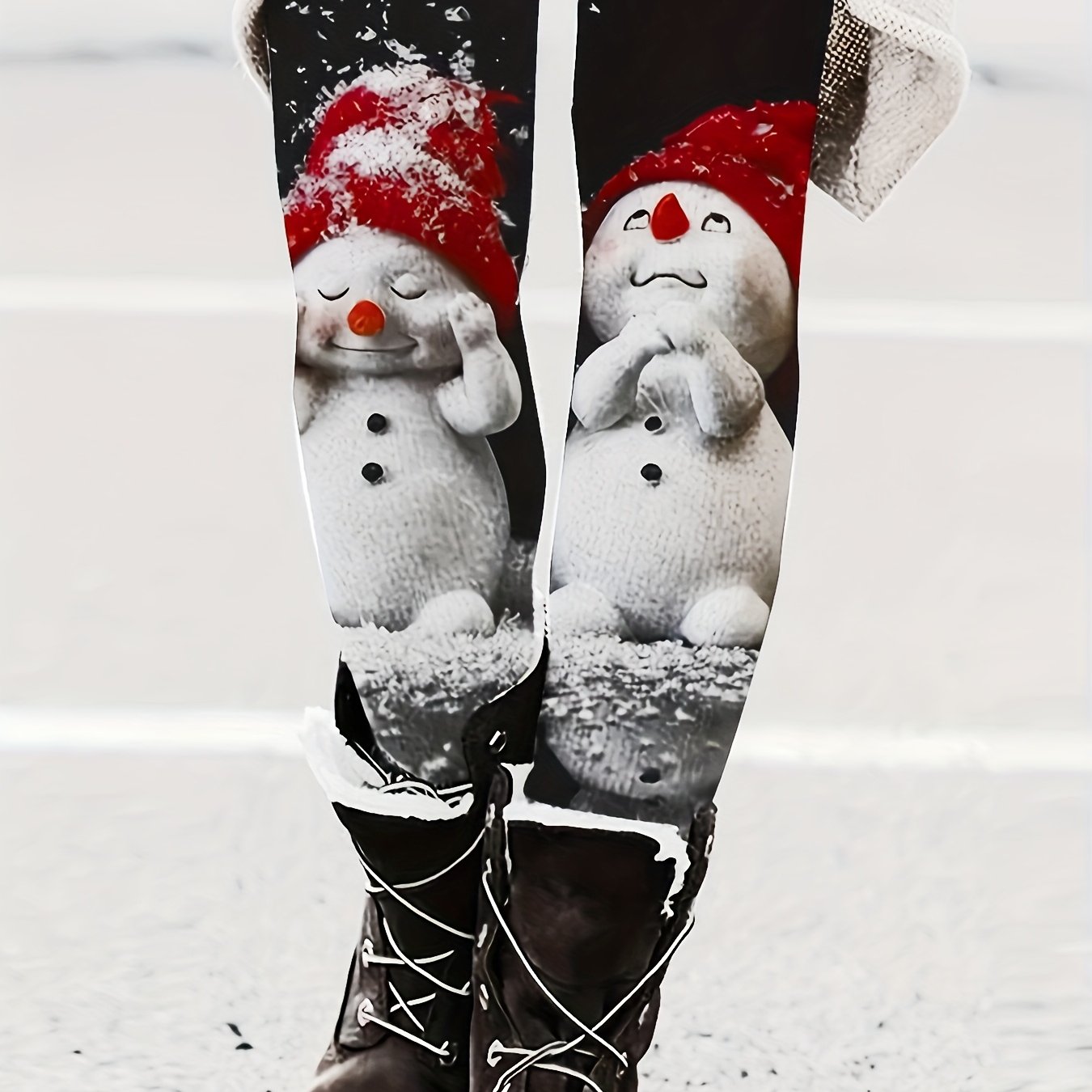 Women's Winter Thermal Tights - Snowman Print Leggings with Snowman & Snowflake Patterns, Thick Insulating Opaque Pants for Christmas, New Year Parties, Cold Weather (Machine Washable, Elastic Fit) - Trousers for Dresses & Bo