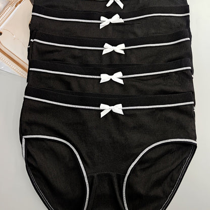 5pcs Chic Black Mid-Rise Women's Briefs with Cute White Bow Detail - Comfortable, Breathable & Sexy Ribbed Polyester Blend Panties, Hand Washable