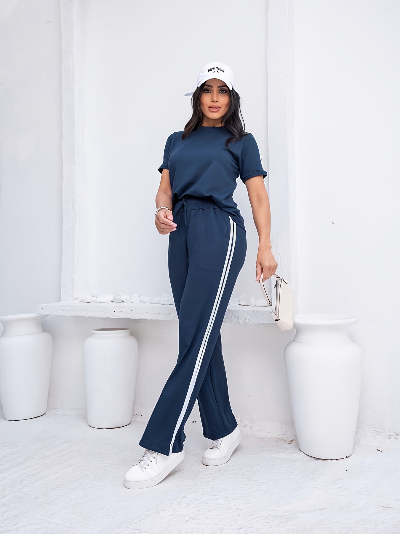 Women's Casual Swear Set: Short-sleeved T-shirt and High-waisted Trousers. Basic and Versatile, Suitable for Casual Attire, Commuting, and S. - ayq