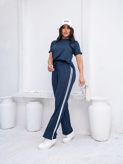 Women's Casual Swear Set: Short-sleeved T-shirt and High-waisted Trousers. Basic and Versatile, Suitable for Casual Attire, Commuting, and S. - ayq