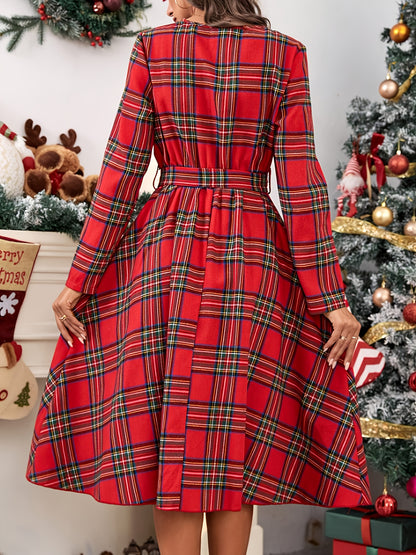 Elegant Women's Party Dress, Christmas Red Plaid Round Neck Long Sleeve Dress, New Year Outfit Choice, Extra Long Women's Suit, Autumn Women's Fabric