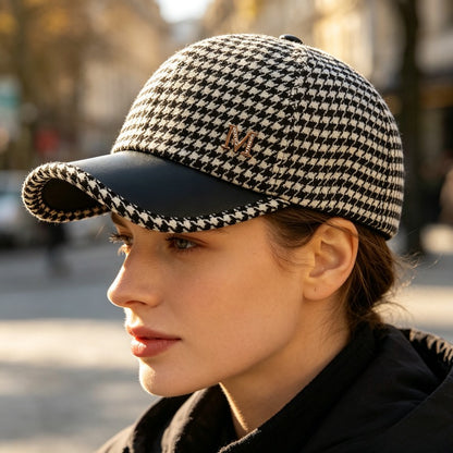 Women's Korean-Style Checkered M Logo Fedora Hat for Fall/Winter