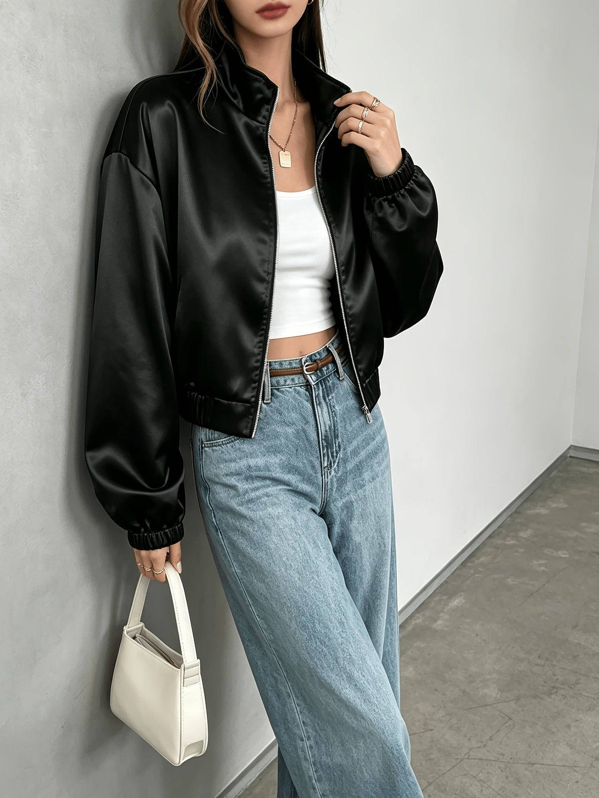 Women's Lightweight Satin Zipper Jacket with Mandarin Collar