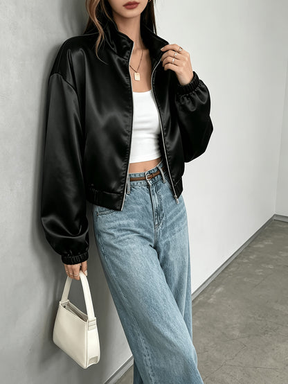 Women's Lightweight Satin Zipper Jacket with Mandarin Collar
