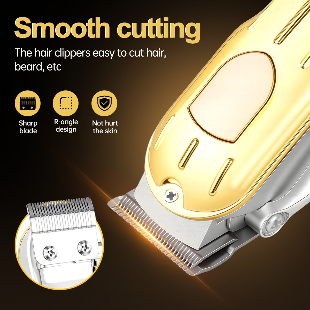 One Piece of a Golden Electric Hair Clipper for Men, Featuring a Professional-Grade Design with an Adjustable Serrated Blade, Four Comb Attachments of Varying Sizes, USB Charging Capability - ayq