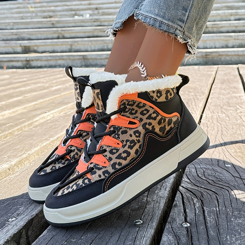 Women'S Stylish Leopard Print Winter Sneakers - Warm Fleece-Lined Casual Shoes with Thick PVC Sole, Black & Orange Design, Perfect for Fall/Winter Outdoor Activities, Winter Sneakers | Leopard Print Shoes | Durable PVC Sole