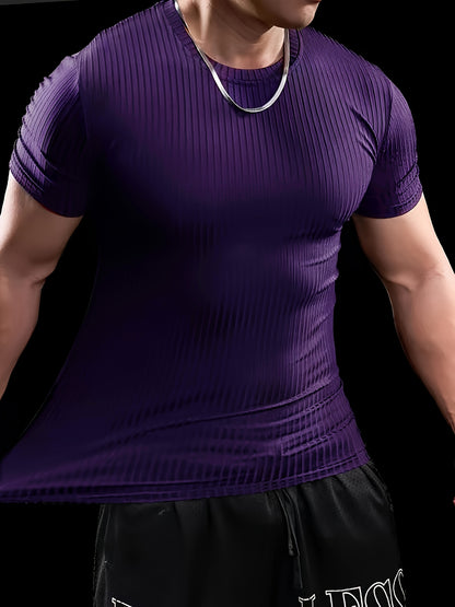 Men's Stretch Fit Short Sleeve T-Shirt - Breathable, Comfortable Polyester Blend, Solid Blue, Crew Neck, Casual  Sporty Style for Spring/Summer