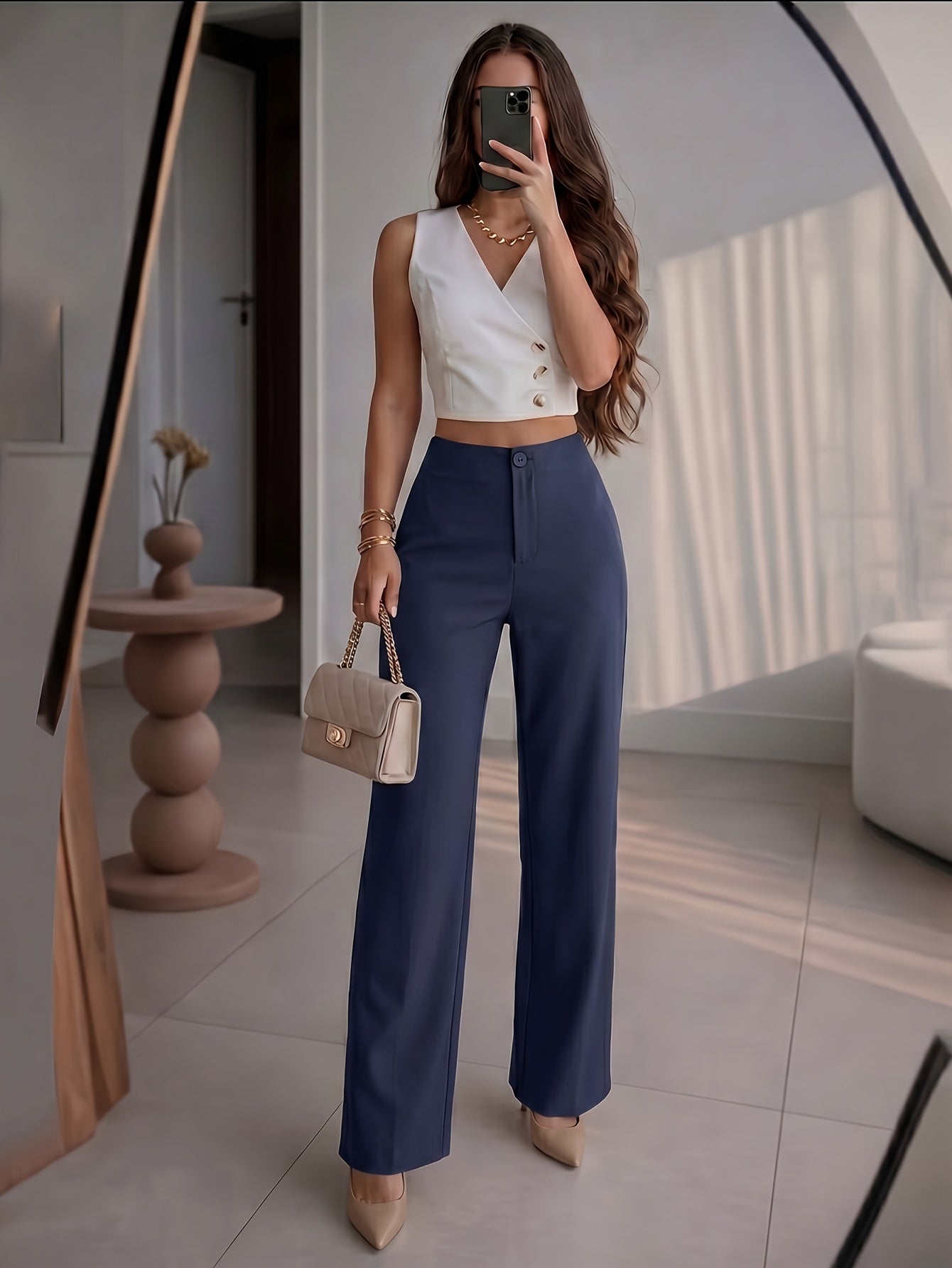 Petite High-Waisted Wide Leg Pants - Chic Draped Straight Trousers