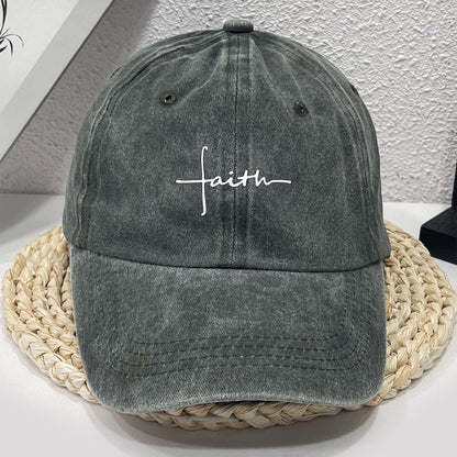 Vintage Street Style Water Wash Denim Polyester Baseball Cap, Faith Print, for Men, Women