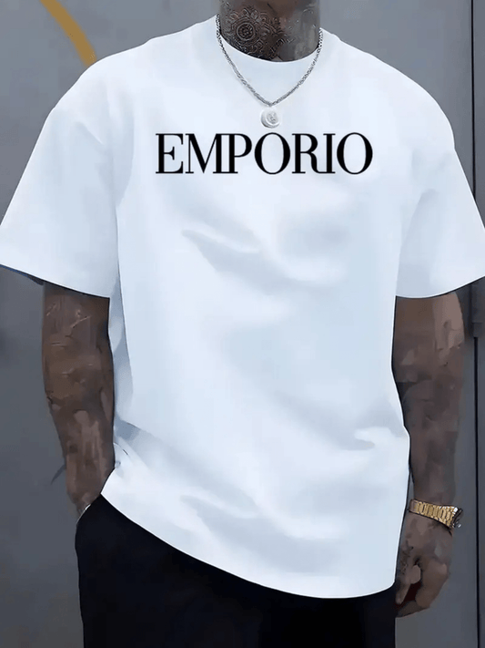 2025 New Men'S Casual Short Sleeve T-Shirt - "EMPRIO" Print, Black with White Lettering, Lightweight  Breathable Fabric, Perfect for Summer Beach Outings  Outdoor Adventures, Beach T Shirt