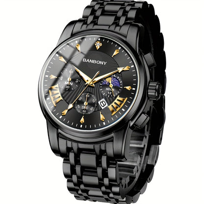 BANBONY Automatic Quartz Watch for Men & Women - Stainless Steel Strap, Blue & Golden HD Large Dial, IPX7 Waterproof, Rhinestone Accents, Date Calendar, Luminous Hands - Casual Fashion Unisex Watch for Birthday Holiday Gifts,