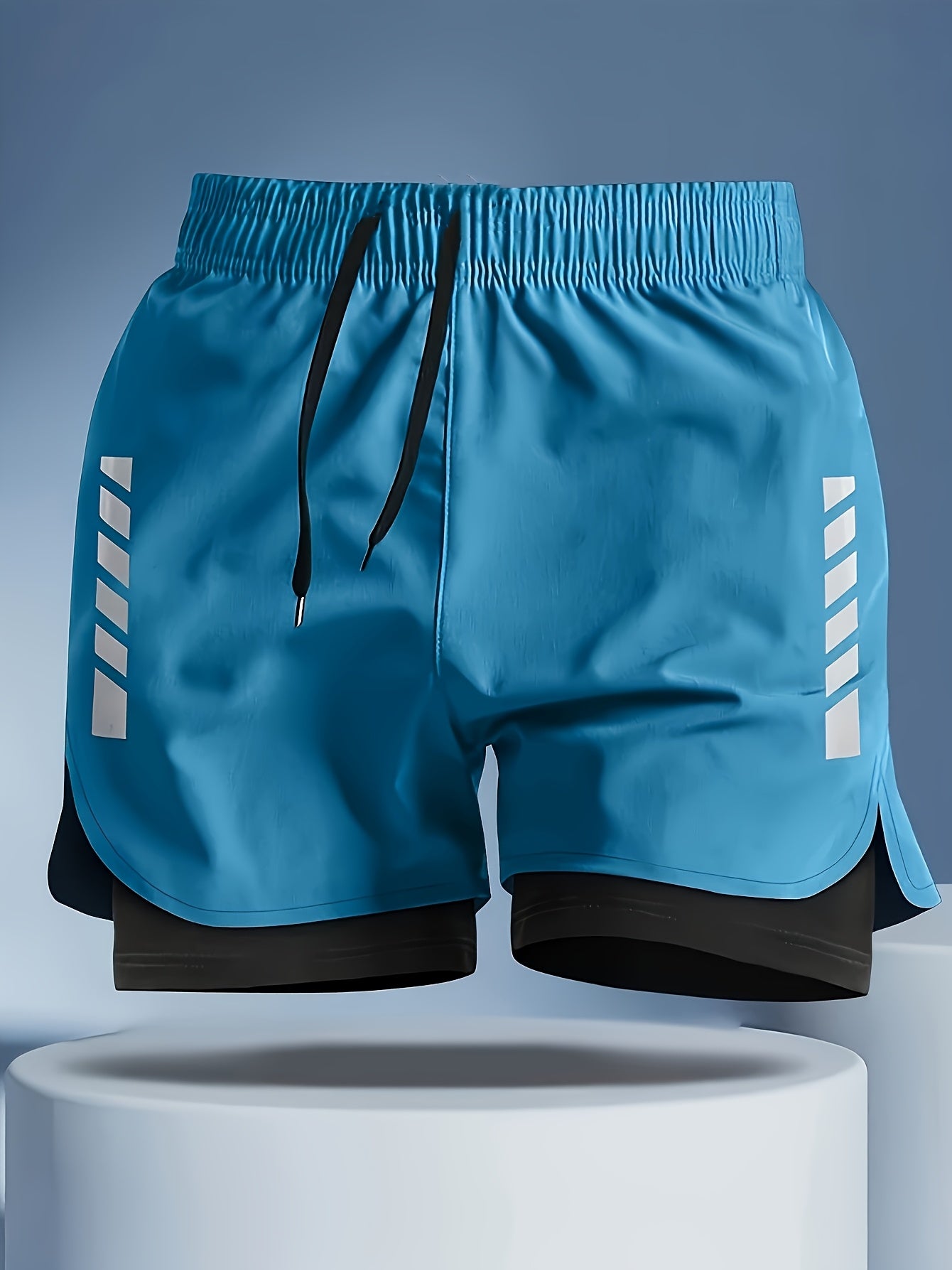 Men's Skinny Double-Layer Swim Trunks with Stripes for Summer Fitness