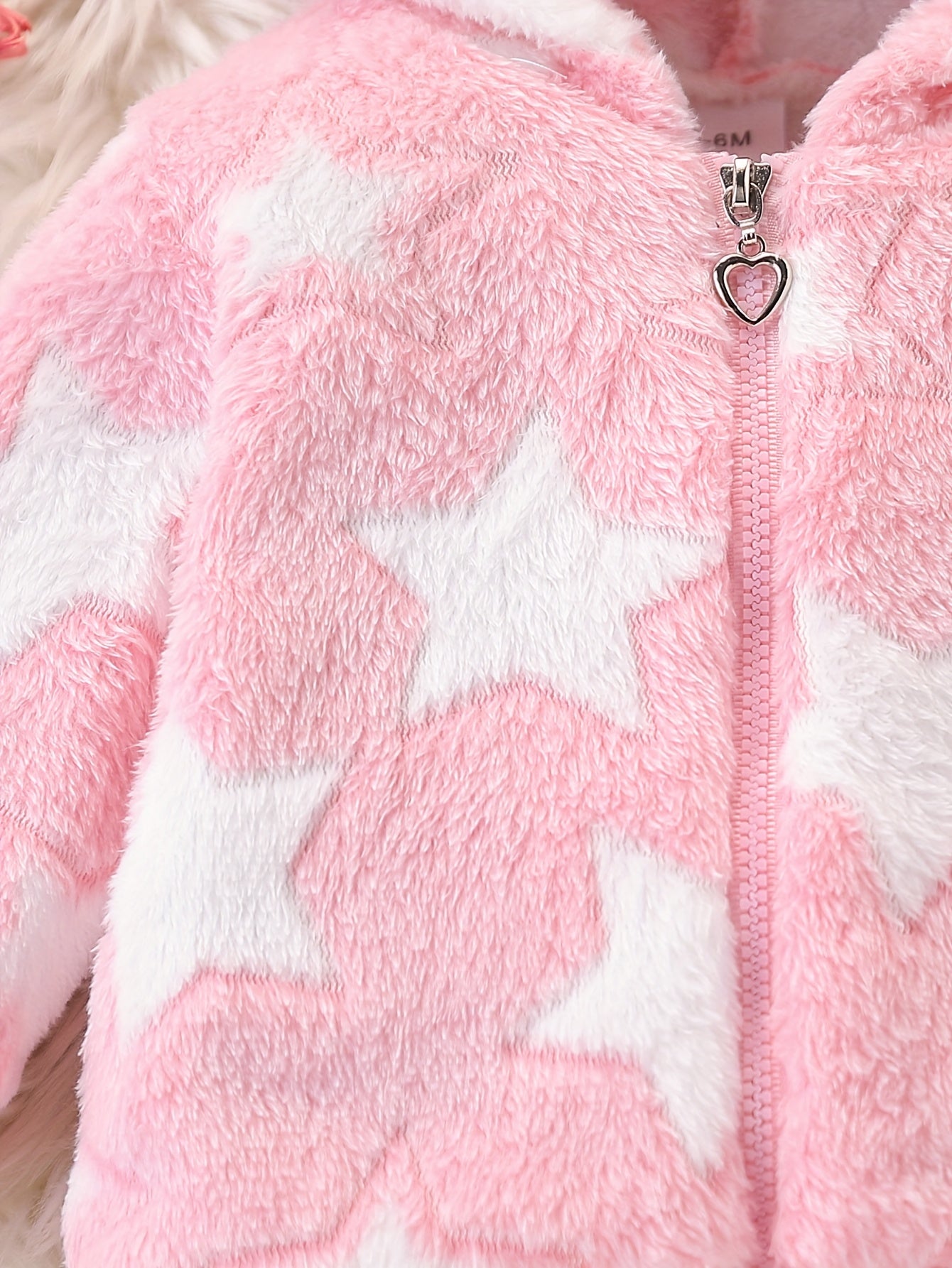 Newborn Cute Baby Girl Autumn and Winter Season, Thickened Plush Newborn Cartoon Star Pattern Hooded Zipper Long Sleeve Warm Top + Star Pattern Plush Warm Pants Set. Essential for Outdoor Travel and Home Use, Recommended Gift