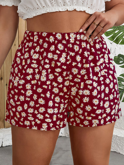 Women's High-Waisted Floral Print Wide-Leg Shorts - Navy Blue with Yellow & White Flowers, Lightweight Polyester, Perfect for Spring & Summer Travel, Vacation Style, Spring Shorts | Floral Shorts | Stylish Design, High Waiste