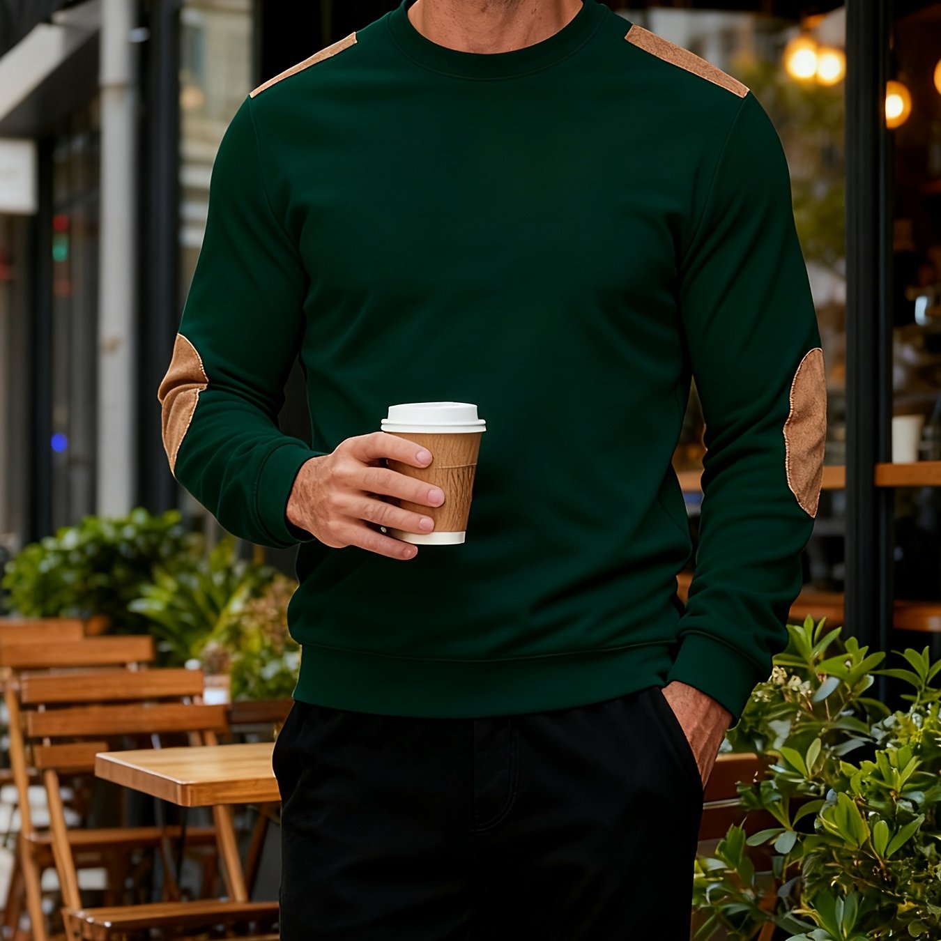 Men'S Classic Fashion Crew Neck Long-Sleeved Top | Light and Comfortable Fabric with Contrast Beige Patches for Enhanced Durability, Regular Fit, Ideal for Daily Leisure, Street Fashion, Outdoor Activities, and Light Fitness