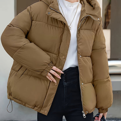 Կանացի նորաձև ձմեռային կայծակաճարմանդով և գլխարկով բաճկոն - ամենօրյա, հաստ վերնազգեստ գրպաններով, երկար թևքերով, չձգվող գործվածք, միագույն, 100գ/մ², իդեալական է ցուրտ եղանակի համար, ձմեռային հագուստ