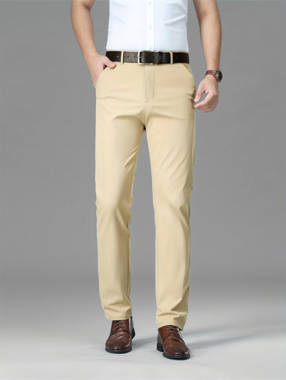 Men's Lightweight Summer Casual Pants, Slim Straight Fit, Polyester, Mid-Rise, Built-in Zipper, Regular Length - Ideal for Casual Attire