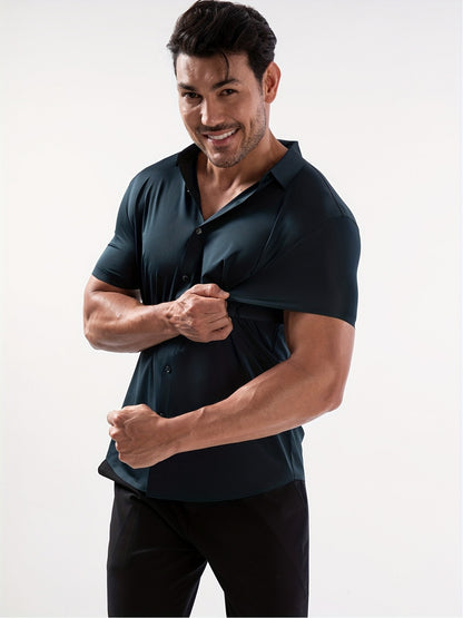 Men’s High-Stretch Lapel Short-Sleeve Shirt for Summer Casual
