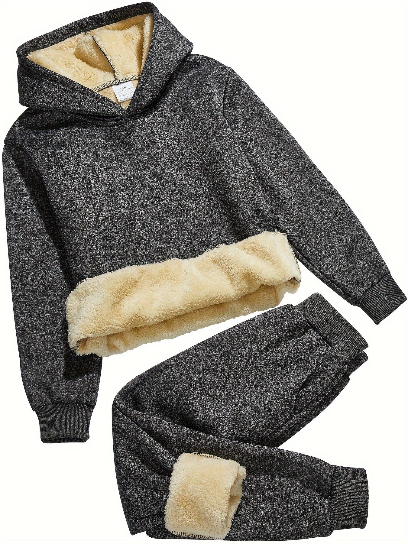 2pcs Boys' Thick Fleece-Lined Hooded Sweatsuit Set - Cozy Winter Warmth, Long Sleeve Pullover & Pants with Pockets, Casual Outdoor Playwear for Fall/Winter, for Outdoor, Winter Clothing