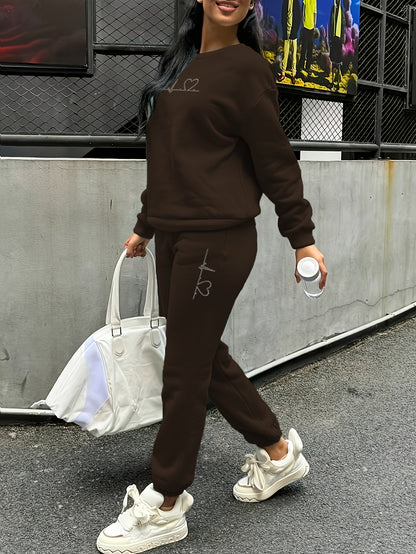 Women's Fleece Sweatsuit Set with Heart Print for Fall/Winter - ayq