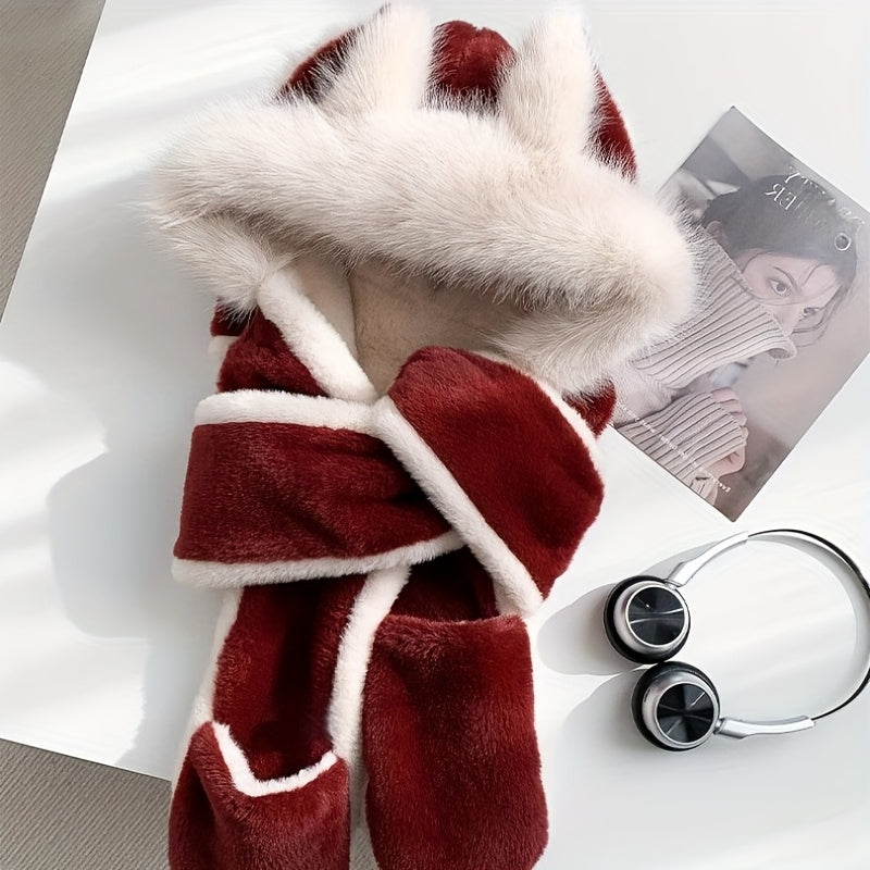 Women's Fox Ear Hat 3-in-1 with Scarf & Gloves - Winter Warm Windproof Cute Fox Ears, Lightweight Jacket-Compatible for cold Weather, Hand Washable Maomao Hat for, New Year & Holiday Outfits (Non-Stretch)