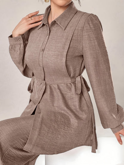 Women's Two-Piece Set with Front Buckle Long Sleeve Casual Top and Trousers